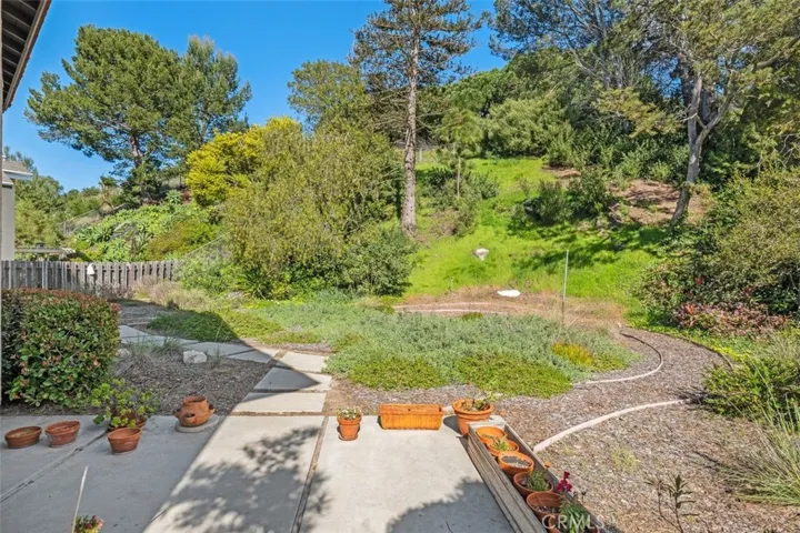 Back yard with auto sprinklers. Landscaped so little attention is required.