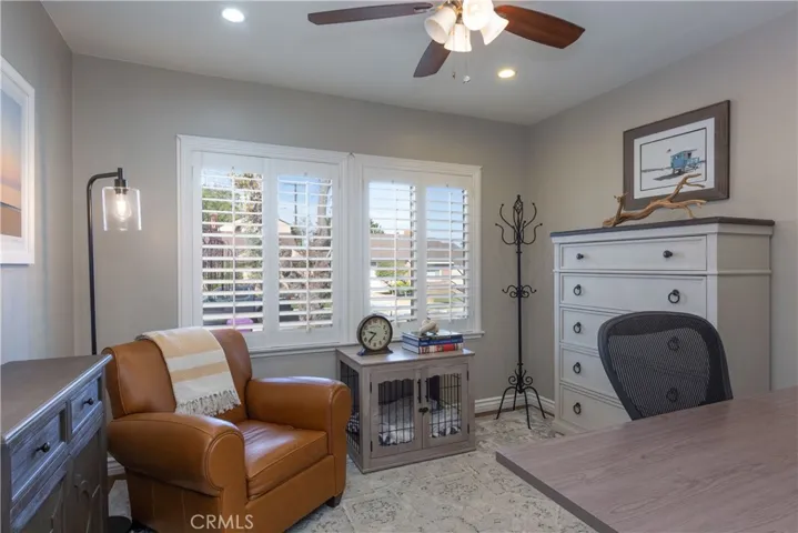 Bedroom 1, is currently being used as an office. Can lighting, ceiling fan, and this bedroom fits a king-size bed!