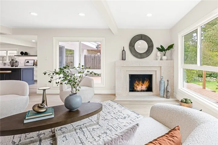 Inviting wood burning fireplace