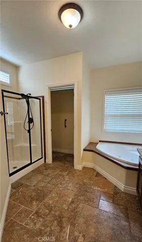 Primary suite bathroom tub, water closet, and shower