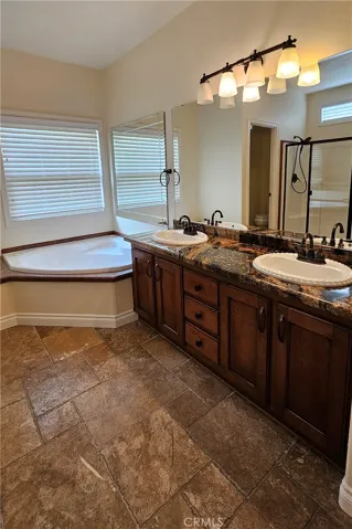 Primary suite bathroom dual sinks and soaking tub
