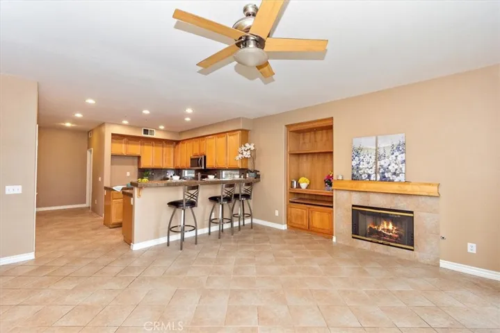 Family room with a fireplace.