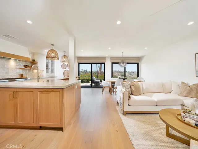 Open kitchen, living, dining area on lower level