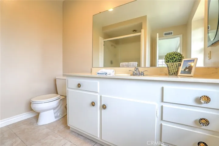 The primary suit bathroom with large vanity and shower.