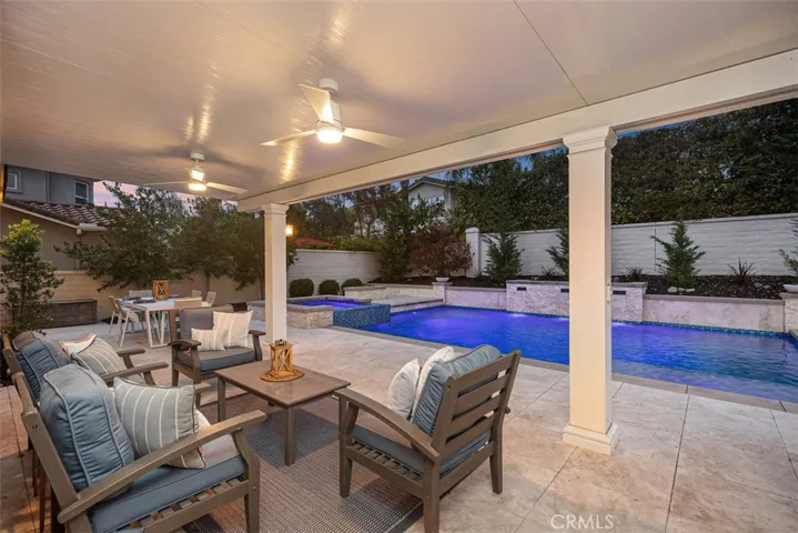 Covered patio at twilight