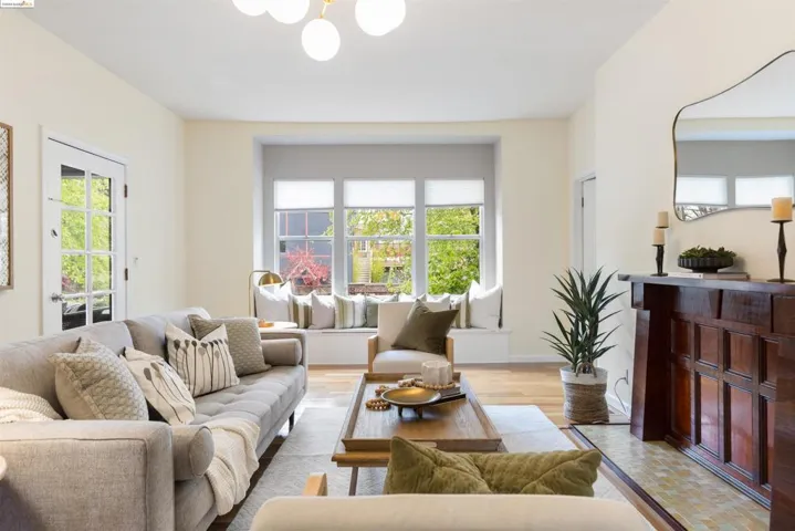 with built in bench seat and wood mantle.  Fireplace is decorative only.