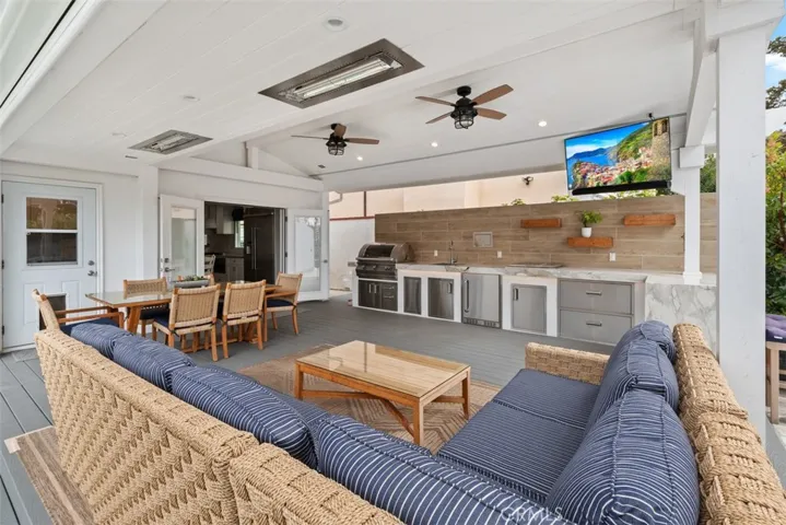 Outdoor living space with heaters, fans, remote screen for privacy and comfort