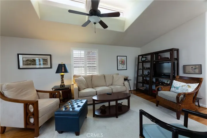 Living room with skylight & ceiling fan