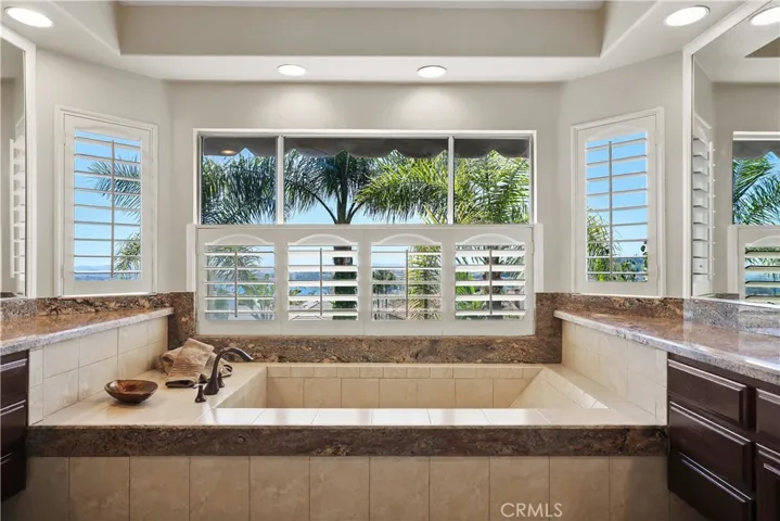 Primary Bathroom adorned with a Mature Palm Tree and Views of Lake Mission Viejo.