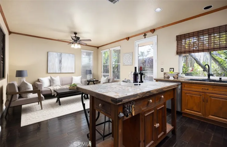 The kitchen opens onto the family room.