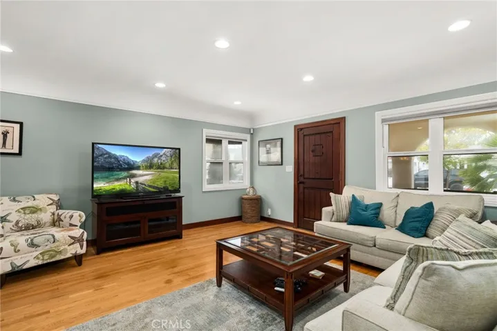 Comfortable living room with recessed lighting.