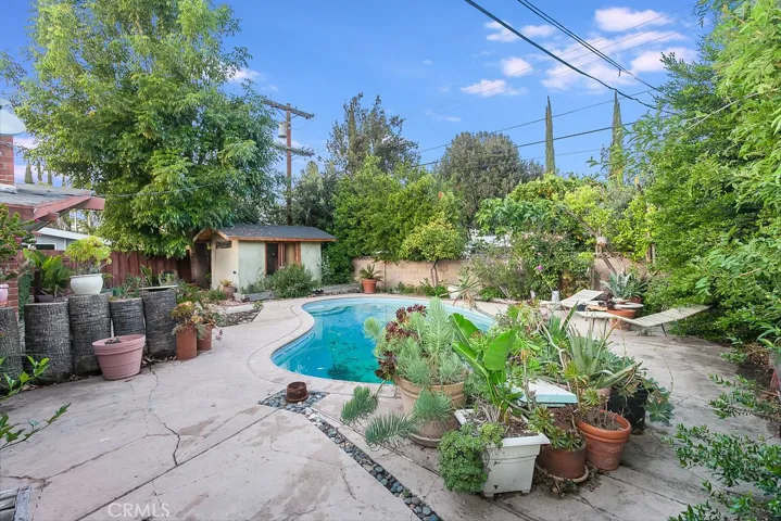 Large entertainers backyard with in-ground pool, open patio, colorful flowerbeds, tall shade and fruit trees – Meyer lemon, orange, apricot and guava.