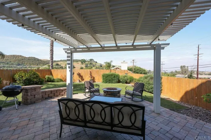 Covered patio area with brick foundation and built-in firepit - great for entertaining