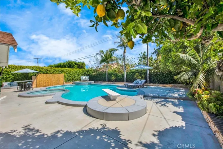 Incredible wrap-around backyard that is a tranquil oasis with pool, diving board, spa, raised fire-ring, built-in BBQ, tropical landscaping, fruit trees, and block wall fencing