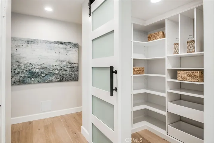 Spacious walk-in pantry adjacent to kitchen.