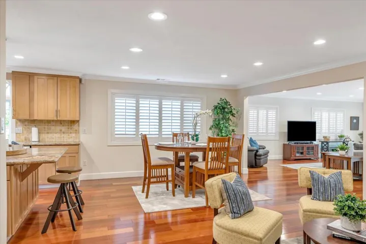 The kitchen has a breakfast bar for casual dining.