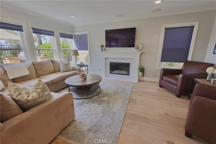 The family room has an updated fireplace front