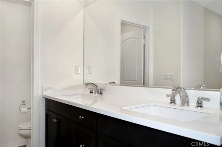 Main suite bath with dual sinks atop dramatic dark cabinetry, a walk-in shower with glass enclosure, and a private water closet.