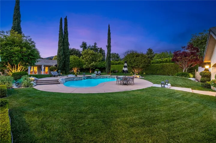 Wide angle from the ground with the pool house on the left.