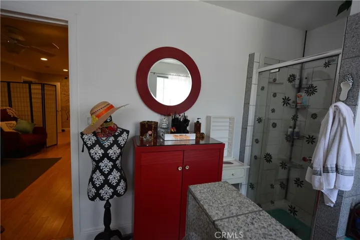 this bathroom is large enough to include furniture!