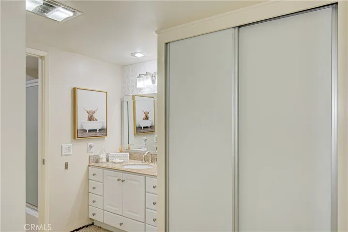 The primary suite has ample storage in the vanity and dual closets.