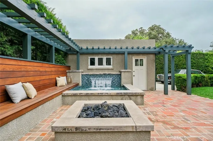 Looking toward the detached garage. Ipe wood bench.