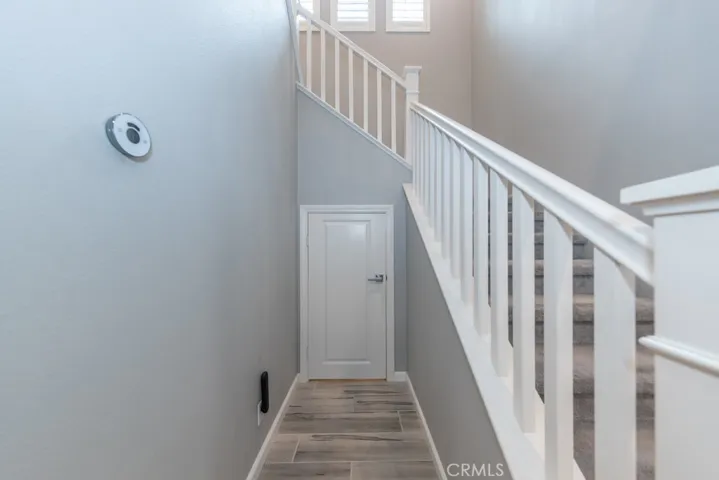 smart thermostat; small door leads to spacious storage area under staircase