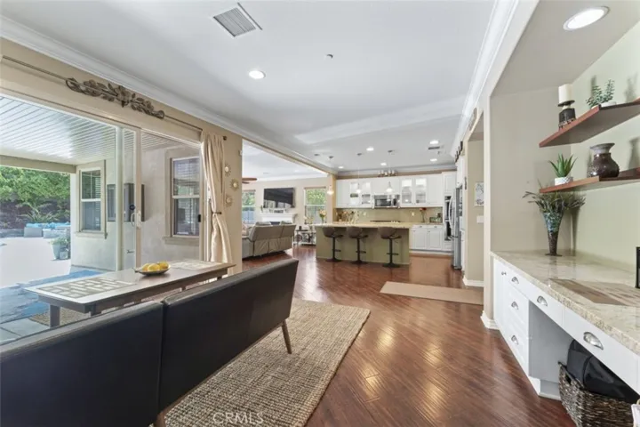 Family room view of kitchen