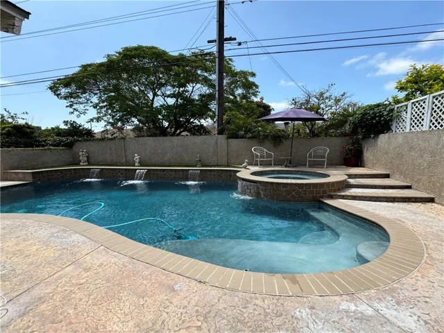 Backyard with remodeled pool, stucco block walls