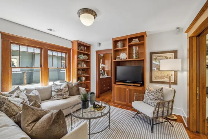 Family room with pocket doors,built-ins