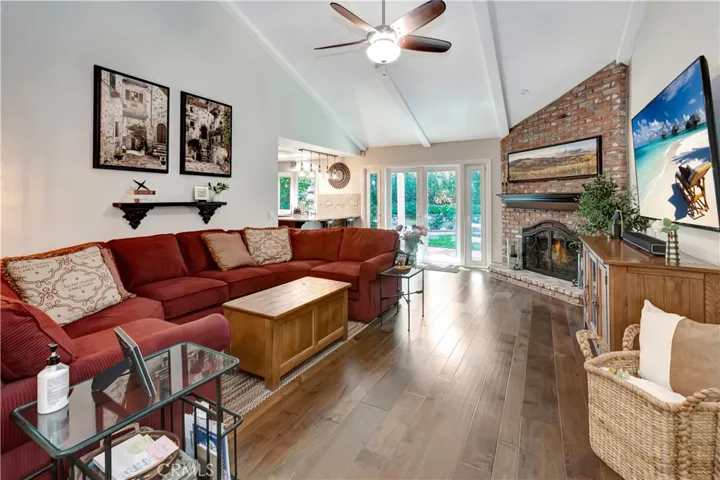 Family Room with High Ceilings & Open Beam Ceiling