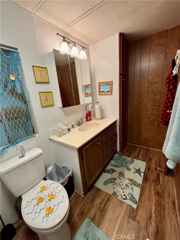 Primary bathroom has a new toilet, extra storage cabinet, a bathtub and shower