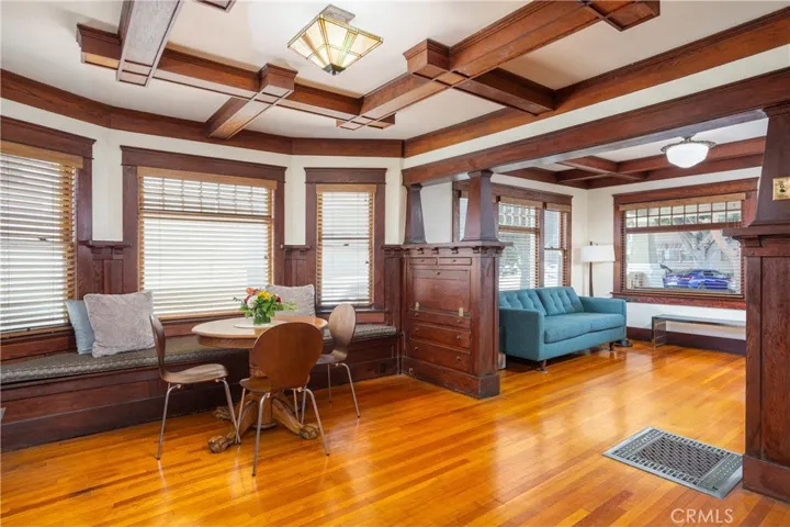 Dining area, right side. Bay window with bench seat. Built in desk and drawers.