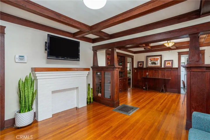 living room left side, faux fireplace