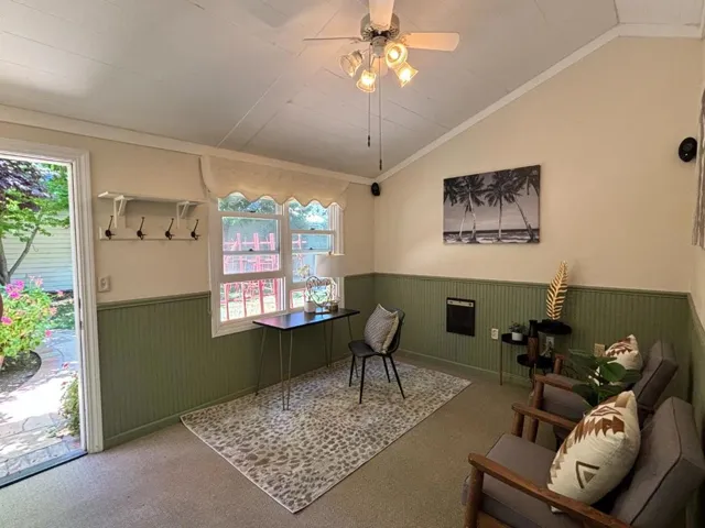 Large Office/gym/studio attached to back of detached garage, overlooks back yard