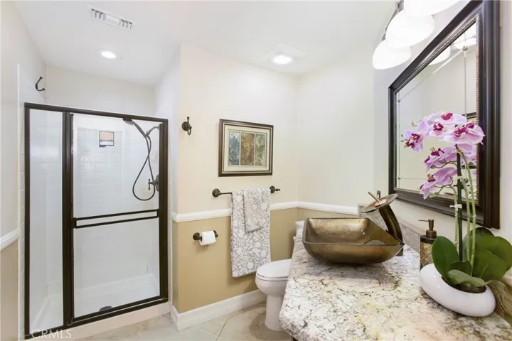 Downstairs full bathroom with a step-in shower, granite counters, and custom vessel sink.