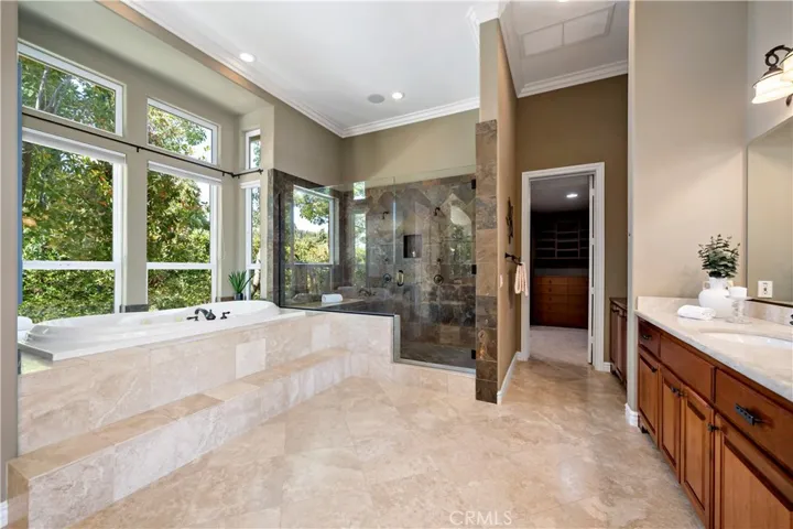 Raised separate tub and oversize shower at primary bathroom