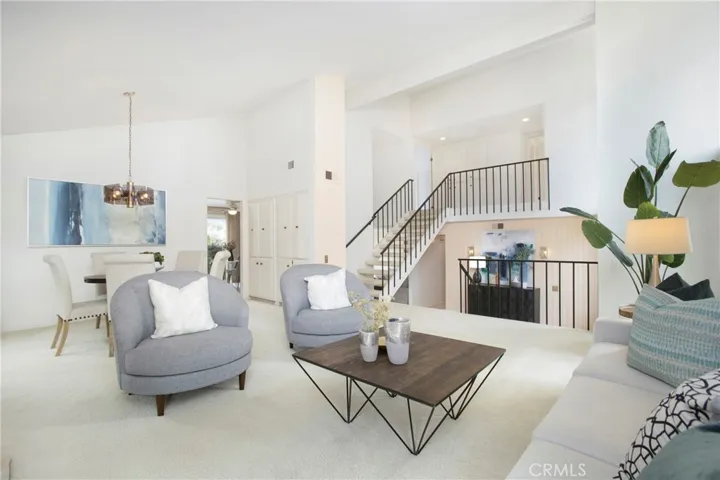 Looking into high ceilings of living room