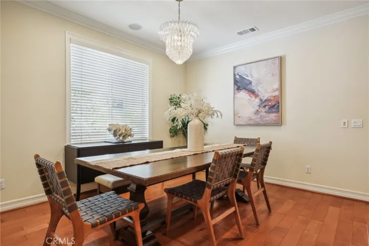 Flows into dining room