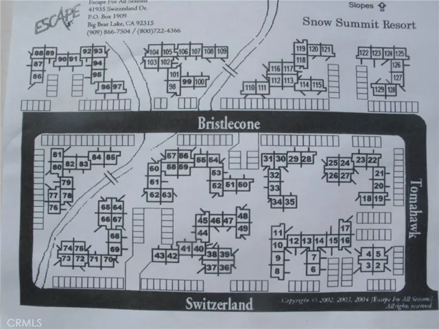 Map of Escape Townhomes. This home is located at the top of this picture. #92 Located closest border to Snow Summit and the forest.
