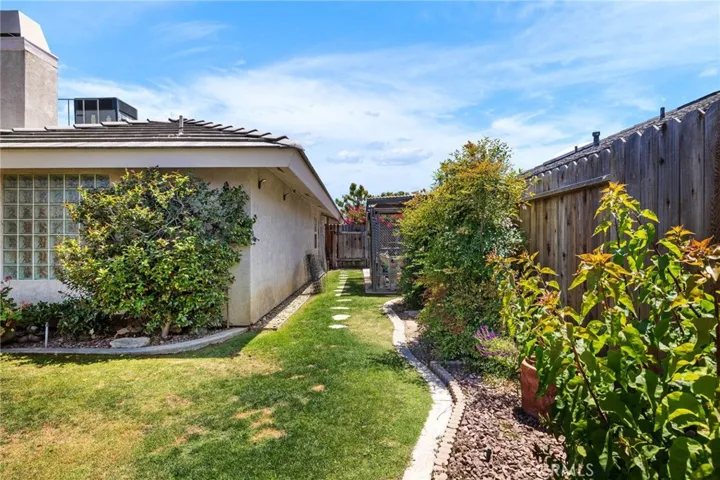 Backyard: west side yard, dog kennel, gate to front yard, finished eaves.