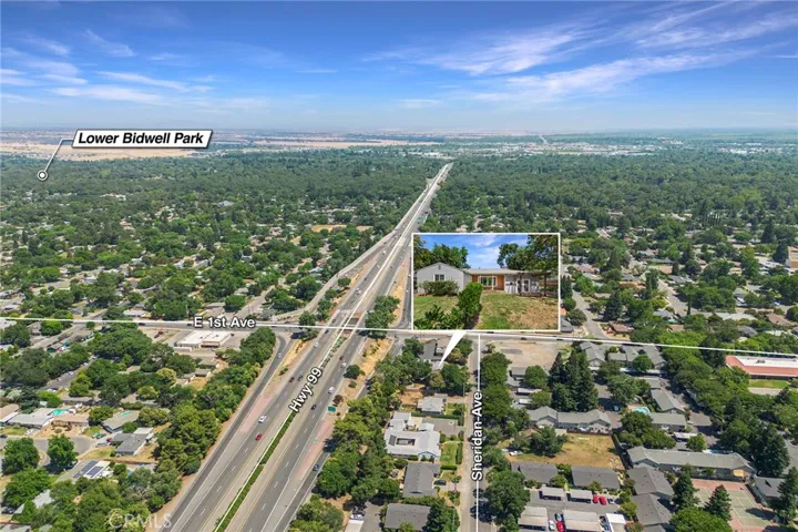 Drone Shot of home located only 4 blocks from Bidwell Park and down the stret from In Motion Fitness. Also close to schools and Shopping.