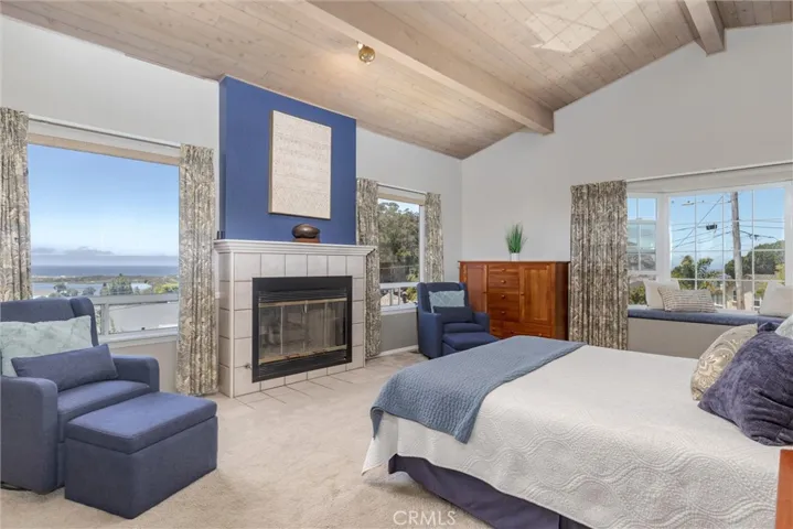 On the upper level is the gorgeous primary suite. Fireplace, high ceilings, huge walk-in closet with your 2nd paring of a new washer and dryer. They have thought of everything! Comfort, space and convenience all in the upper suite.