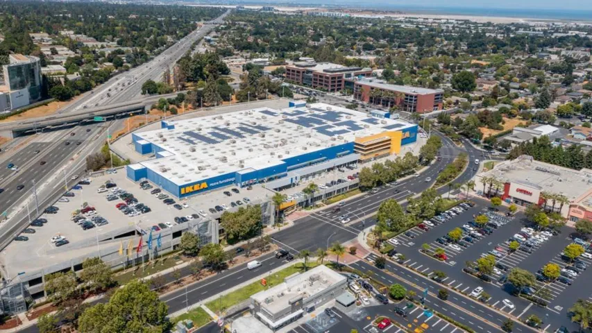 Drone view of Ravenswood Shopping Center with Ikea and Amazon offices in view