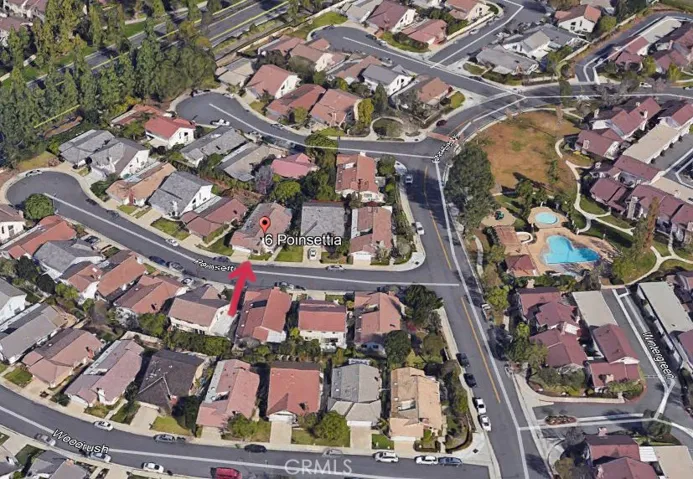 Aerial view of 6 Poinsettia Irvine on the cul de sac and it's proximity to park and pool.