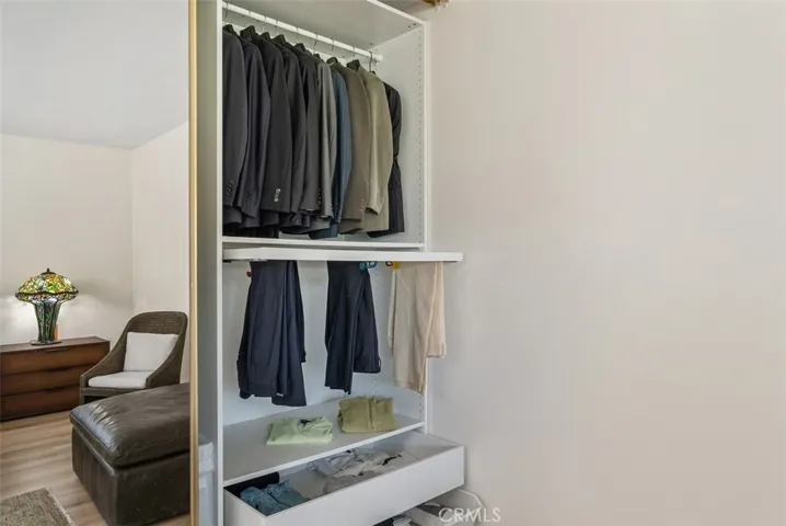 Pullouts and closet organizers in the primary bedroom closet.