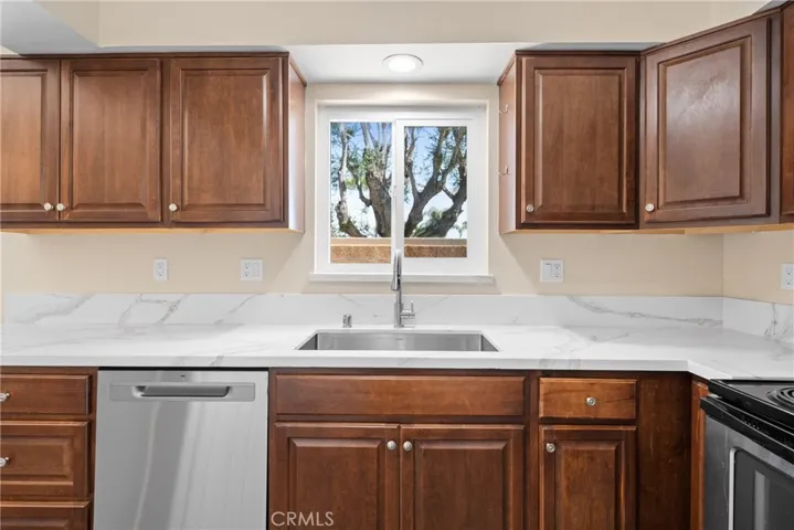 New sink and faucet with the appropriately located dishwasher.