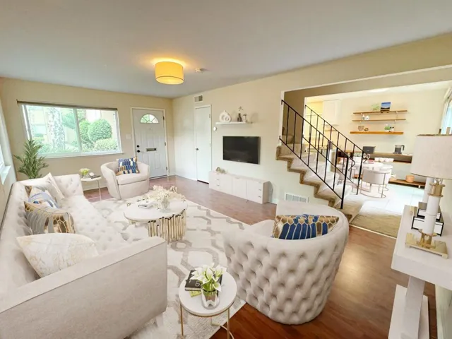 The open-concept living and dining areas.