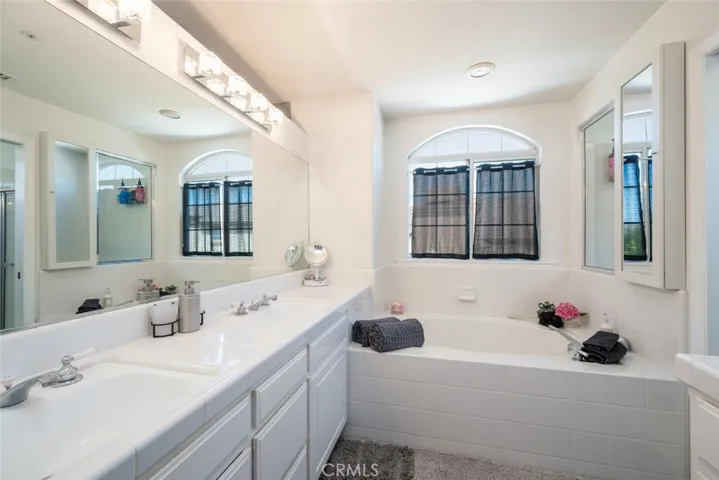 Dual sinks and oval tube, seperate shower with privacy pull door