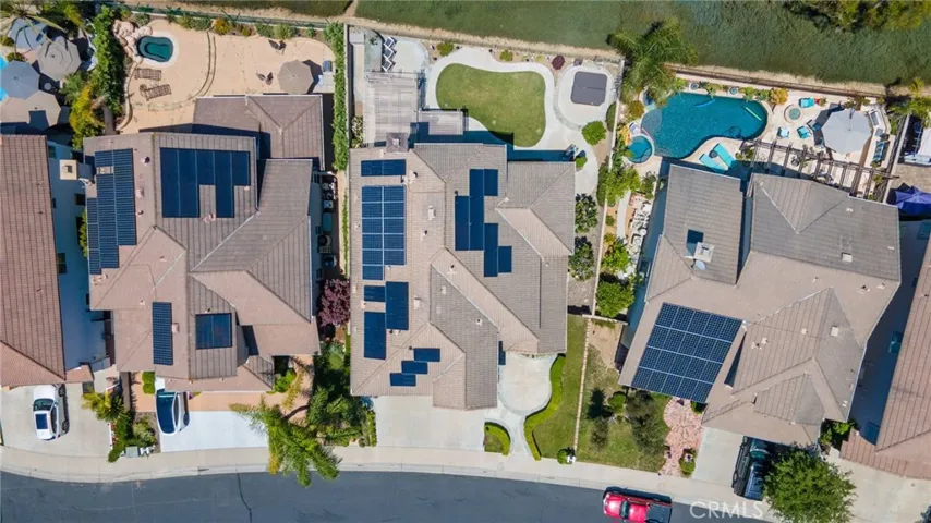 Aerial view of home, solar power and dream backyard
